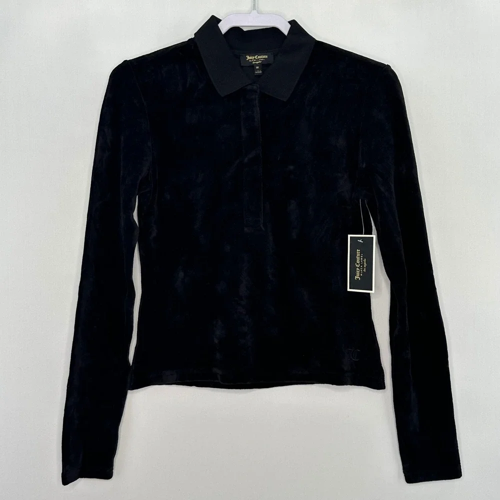 Juicy Couture Black Label Velour Long Sleeve Collar Shirt Medium Black Y2K Style